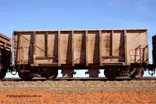 0523 Magor USA 050518 2166
Bing Siding. Side view of 1963 built Magor USA waggon 523, originally in ore service before conversion to a ballast waggon.
Keywords: Magor-USA;BHP-ballast-waggon;