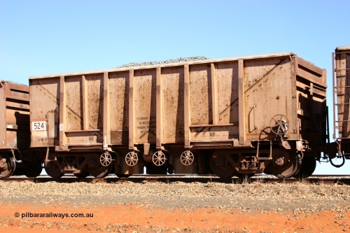 0524 Magor USA 050518 2167
Bing Siding. 3/4 view of 1963 built Magor USA waggon 524, originally in ore service before conversion to a ballast waggon.
Keywords: Magor-USA;BHP-ballast-waggon;