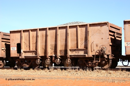 0512 Magor USA 050518 2176
Bing Siding. 3/4 view of 1963 built Magor USA waggon 512, one of twenty waggons originally used on the Oroville Dam construction before coming to the Pilbara in January 1968 as ballast waggons.
Keywords: Magor-USA;BHP-ballast-waggon;