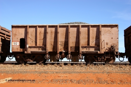 0512 Magor USA 050518 2177
Bing Siding. Side view of 1963 built Magor USA waggon 512, one of twenty waggons originally used on the Oroville Dam construction before coming to the Pilbara in January 1968 as ballast waggons.
Keywords: Magor-USA;BHP-ballast-waggon;