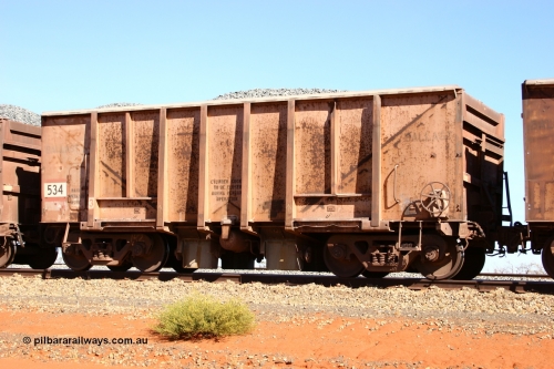 0534 Magor USA 050518 2182
Bing Siding. 3/4 view of 1963 built Magor USA waggon 534, originally in ore service before conversion to a ballast waggon.
Keywords: Magor-USA;BHP-ballast-waggon;
