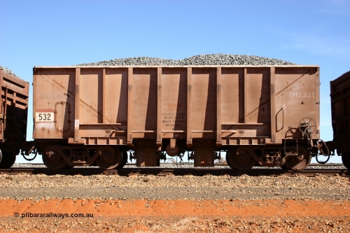 0532 Magor USA 050518 2185
Bing Siding. Side view of 1963 built Magor USA waggon 532, originally in ore service before conversion to a ballast waggon.
Keywords: Magor-USA;BHP-ballast-waggon;