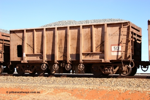 0513 Magor USA 050518 2190
Bing Siding. 3/4 view of 1963 built Magor USA waggon 513, one of twenty waggons originally used on the Oroville Dam construction before coming to the Pilbara in January 1968 as ballast waggons.
Keywords: Magor-USA;BHP-ballast-waggon;