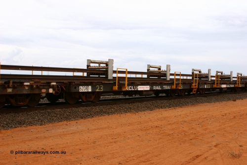 6208 Comeng WA 050522 2733
Goldsworthy Junction, rail recovery and transport train flat waggon #23, 6208, built by Comeng WA in February 1977 under order number 07-M-282 RY.
Keywords: Comeng-WA;BHP-rail-train;
