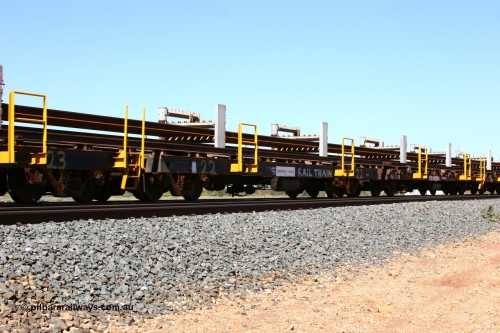6213 Comeng WA 050525 2990
Mooka Siding, rail recovery and transport train flat waggon #22, 6213, built by Comeng WA in February 1977 under order number 07-M-282 RY.
Keywords: Comeng-WA;BHP-rail-train;