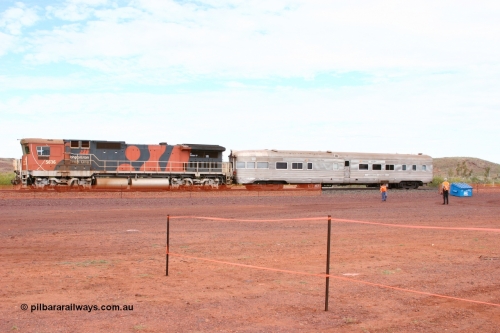 Sundowner EG Budd USA 050624 3337
Goldsworthy, Dash 8 locomotive 5636 with the Sundowner coach, originally built by E. G. Budd in 1939 numbered 301 as the Silver Star as a diner-parlour-observation coach on the Chicago, Burlington and Quincy Railroad's General Pershing Zephyr train from the 1930s and 1940s. Donated to Mt Newman Mining Co. by AMAX an original joint venture partner to commemorate the projects first 100 million tonnes of iron ore railed between Mount Whaleback mine and the Port Hedland port.
Keywords: Silver-Star;EG-Budd;Sundowner;General-Pershing-Zephyr;301;
