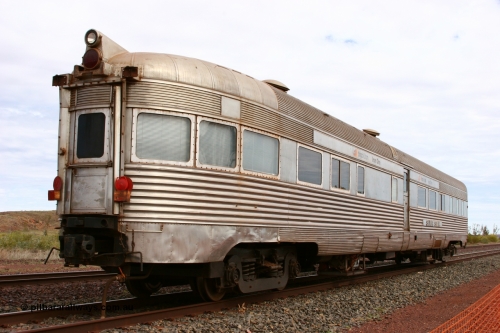 Sundowner EG Budd USA 050624 3348
Goldsworthy, view from the observation end of the Sundowner coach, originally built by E. G. Budd in 1939 numbered 301 as the Silver Star as a diner-parlour-observation coach on the Chicago, Burlington and Quincy Railroad's General Pershing Zephyr train from the 1930s and 1940s. Donated to Mt Newman Mining Co. by AMAX an original joint venture partner to commemorate the projects first 100 million tonnes of iron ore railed between Mount Whaleback mine and the Port Hedland port.
Keywords: Silver-Star;EG-Budd;Sundowner;General-Pershing-Zephyr;301;