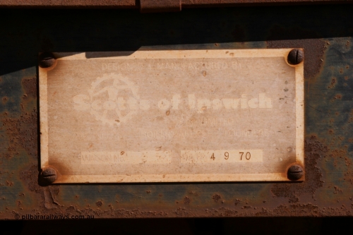 6011 Scotts of Ipswich Qld 050801 4765
Flash Butt yard, rail recovery and transport train, builders plate of 1st lead off waggon 6011, built by Scotts of Ipswich Qld on 04-09-1970.
Keywords: Scotts-Qld;BHP-rail-train;