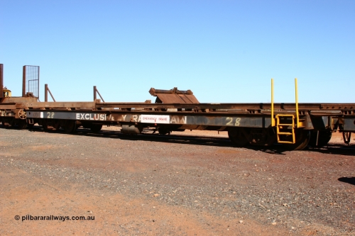 6201 Comeng WA 050801 4767
Flash Butt yard, rail recovery and transport train, #28 2nd lead off waggon 6201, built by Comeng WA January 1977 under order no. 07-M-282 RY, the mesh guarding is for the winch cable. The chute arrangement for the discharging and recovery of rail is visible.
Keywords: Comeng-WA;BHP-rail-train;