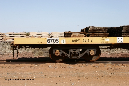 6705 051001 5622
Flash Butt yard, BHP flat waggon 6705 with EDI decal and ROA code of AQPY 2916, 55 tonne capacity, unsure of original owner, possible AN AOOX, then cut down to the Pilbara through CFCLA.
Keywords: 6705;AQPY-type;AQPY2916;CFCLA;BHP-flat-waggon;