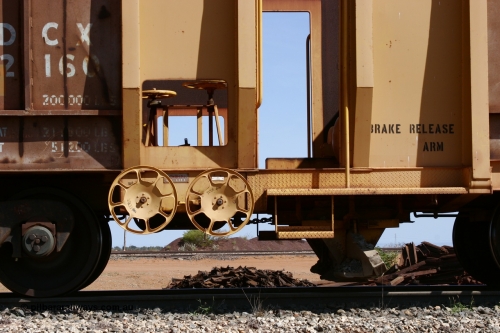 0538 Mt Newman Mining Workshops 051001 5651
Flash Butt yard, side view of ballast plough converted from Magor USA built Oroville ore waggon 538, still visible is the ODCX 82160 number from original service building the Oroville Dam, view of adjusting wheels for plough.
Keywords: Magor-USA;BHP-ballast-waggon;Mt-Newman-Mining-WS;