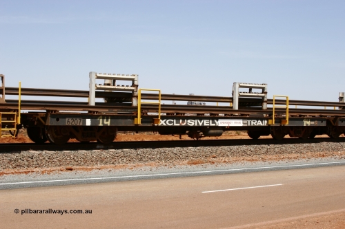6207 Comeng WA 051001 5689
Boodarie, the Steel Train or rail recovery and transport train, flat waggon #14, 6207, a Comeng WA built flat waggon from January 1977 under order no. 07-M-282 RY.
Keywords: Comeng-WA;BHP-rail-train;