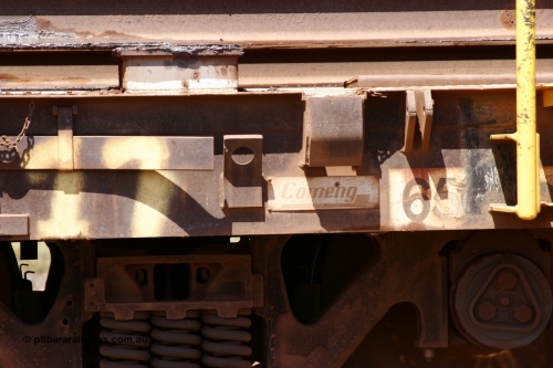 6016 Comeng WA 051001 5697
Boodarie, the Steel Train or rail recovery and transport train, flat waggon #17, 6016, builders plate, a Comeng WA built flat waggon from 1971.
Keywords: Comeng-WA;BHP-rail-train;