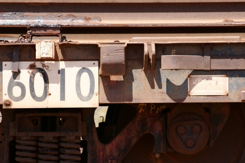 6010 Scotts of Ipswich Qld 051001 5705
Boodarie, the Steel Train or rail recovery and transport train, builders plate detail of flat waggon #20, 6010, a Scotts of Ipswich Qld built flat waggon on 03-09-1970.
Keywords: Scotts-Qld;BHP-rail-train;