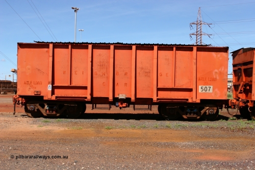 0507 Mt Newman Mining Workshops 060414 3439
Nelson Point yard, originally a Magor USA built ballast waggon for the Oroville Dam construction, 507 seen here modified as a weighbridge test waggon with an axle load of 20 ton. The others in the fleet are 40, 60 and 100 tons. April 14, 2006.
Keywords: Magor-USA;BHP-weigh-waggon;