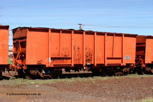 0522 Mt Newman Mining Workshops 060414 3440
Nelson Point yard, weighbridge test waggon 522, originally built by Magor USA and ex Oroville Dam, converted by Mt Newman Mining into a 20 ton axle load test waggon. The others in the fleet are 40, 60 and 100 tons. April 14, 2006.
Keywords: Magor-USA;BHP-weigh-waggon;