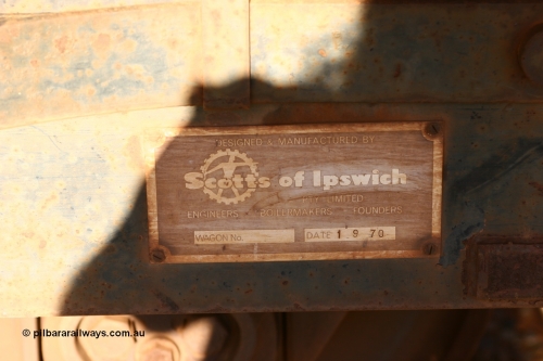 060429 3727
Flash Butt yard, Pony re-laying waggon, builders plate of Mt Newman Mining waggon built in 1970 by Scotts of Ipswich, one of a batch of nine in the series 6005-6013.
Keywords: BHP-pony-waggon;Scotts-Qld;