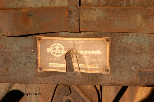 060429 3730
Flash Butt yard, Pony re-laying waggon, built for Mt Newman Mining, builders plate for Scotts of Ipswich Qld with a 24th September 1970 build date, one of nine originally numbered 6005-6013.
Keywords: BHP-pony-waggon;Scotts-Qld;