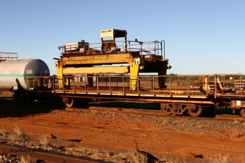 060429 3746
Flash Butt yard, Pony relaying flat waggon #6? in service on the Pony re-laying train as a transport waggon for a gantry car as pictured. Originally in service with Goldsworthy Mining as a BC or BCV box van, built by Comeng WA in 1966.
Keywords: Comeng-WA;GML;BHP-pony-waggon;
