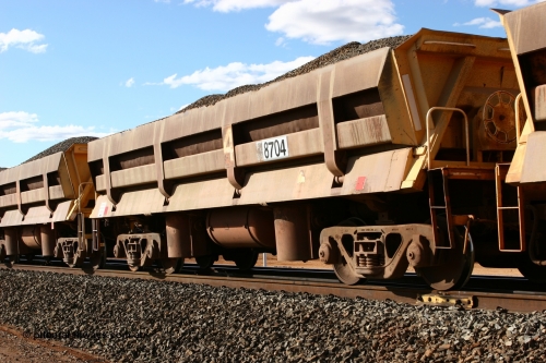 8704 Difco USA 060618 6211
Abydos Siding, originally built by Difco USA for Goldsworthy Mining Ltd in 1967 as a batch of five, prefixed with 870 in BHP service, 8704 side dump waggon loaded with fines for pad capping.
Keywords: Difco-Ohio-USA;GML;BHP-ballast-waggon;