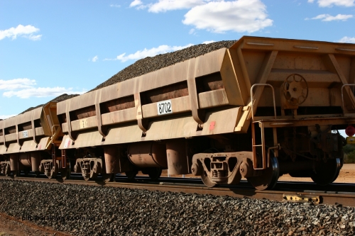 8702 Difco USA 060618 6212
Abydos Siding, originally built by Difco USA for Goldsworthy Mining Ltd in 1967 as a batch of five, prefixed with 870 in BHP service, 8702 side dump waggon loaded with fines for pad capping.
Keywords: Difco-Ohio-USA;GML;BHP-ballast-waggon;