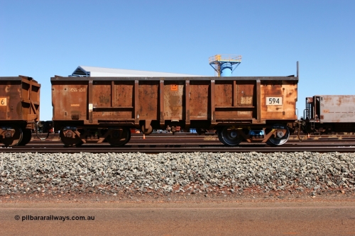 0594 BHP OCRS 060713 6547
Boodarie Yard, modified original Magor USA built Oroville waggon 594, cut down and covered and in use as indexing waggons on the front of each rake for Finucane Island car dumpers, note the original ODCX marking visible.
Keywords: Magor-USA;Oroville;BHP-index-waggon;