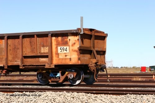 0594 BHP OCRS 060713 6549
Boodarie Yard, modified original Magor USA built Oroville waggon 594, cut down and covered and in use as indexing waggons on the front of each rake for Finucane Island car dumpers, note the original ODCX marking visible.
Keywords: Magor-USA;Oroville;BHP-index-waggon;