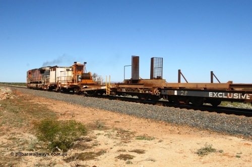 6011 Scotts of Ipswich Qld 080621 2714
Tabba South, rail recovery and transport train, waggon #29, 1st lead off waggon 6011, built by Scotts of Ipswich Qld on 04-09-1970, the mesh guarding is for the winch cable. The chute arrangement for the discharging and recovery of rail is visible. In between 6702 and 6201.
Keywords: BHP-rail-train;Scotts-Qld;