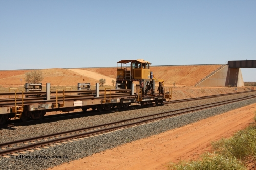 6105 Mt Newman Mining Workshops 081217 0454
Woodstock Siding, one of a batch of six flat waggons converted by Mt Newman Mining workshops by cutting down a pair of ore waggons to make one flat waggon, 6105 in service with the rail recovery and transport train as waggon #2.
Keywords: Mt-Newman-Mining-WS;BHP-rail-train;