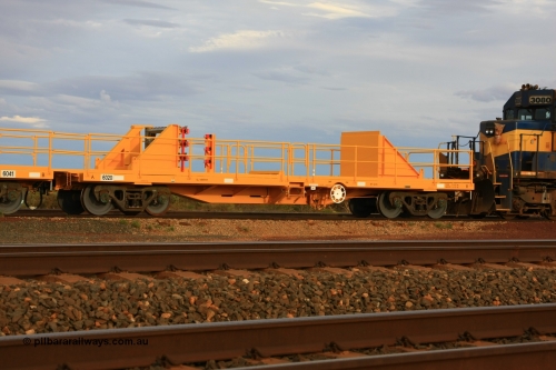 6020 Gemco WA 100717 0656
Flash Butt yard, new rail stock carrier waggon 6020, built by Gemco Rail in late 2009-10 with Barber bogies.
Keywords: Gemco-Rail-WA;BHP-rail-train;