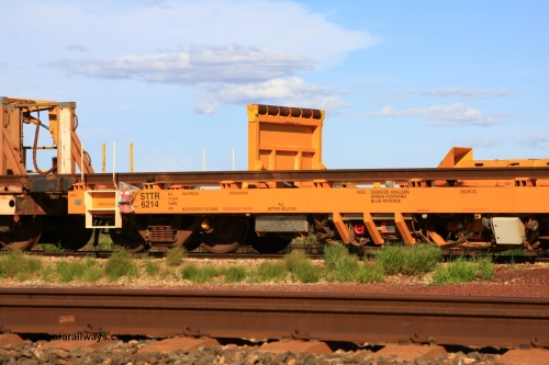 6214 Gemco WA 110208 9433
Flash Butt yard, new Lead-Off Lead-On waggon STTR class STTR 6214 on the end of the Steel Train or rail recovery and transport train, built by Gemco Rail WA, the height adjustable lead roller guide is upright.
Keywords: Gemco-Rail-WA;BHP-rail-train;STTR-type;STTR6214;