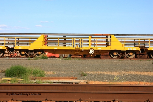 6033 Gemco WA 110208 9441
Flash Butt yard, new rail stock carrier waggon 6033 loaded with strings of rail, built by Gemco Rail in late 2009-10 with Barber bogies.
Keywords: BHP-rail-train;Gemco-Rail-WA;