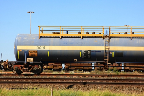 0014 Comeng WA 110411 10005
Nelson Point, empty 116 kL Comeng WA built tank waggon 0014 from 1974-5, one of six such tank waggons.
Keywords: Comeng-WA;BHP-tank-waggon;