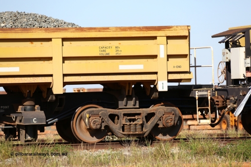 0710 CNR - QRRS China 150619 9080
Flash Butt yard, CNR-QRRS of China built side dump waggons, built and delivered around 2011-12, waggon 0710 loaded with fines for sheeting, A end and bogie detail.
Keywords: CNR-QRRS-China;BHP-ballast-waggon;