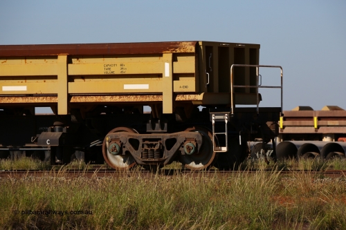 0713 CNR - QRRS China 150619 9101
Flash Butt yard, CNR-QRRS of China built side dump waggons, built and delivered around 2011-12, waggon 0713 loaded with fines for sheeting, A end and bogie detail.
Keywords: CNR-QRRS-China;BHP-ballast-waggon;