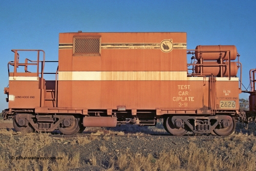 2626 Mt Newman Mining Workshops 257-10
Flash Butt yard, view of stored out of service LocoTrol waggon 2626, converted from a Comeng WA build ore waggon.
Keywords: Magor-USA;BHP-Locotrol-waggon;