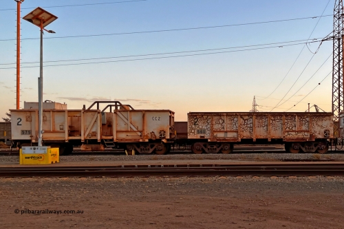 CC2 Mt Newman Mining Workshops 240107 6737
Compressor waggon set No. 2, made from a pair of cut down Magor USA built 91 ton ore waggons 561 and 575, originally ex Oroville Dam, California before Mount Newman Mining.
Keywords: Magor-USA;BHP-compressor-set;