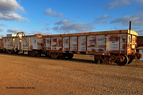 CC3 Mt Newman Mining Workshops 231130 6559
Compressor waggon set No. 3, consisting of a weighted 'ballast' waggon closest to camera and the compressor car. Modified from former original Magor USA build ore waggons 673 and 684 and used on the end of rakes to keep the brakes of as they are run through the dumpers.
Keywords: Magor-USA;BHP-compressor-set;