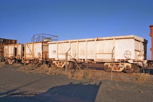 CC5 Mt Newman Mining Workshops 257-21
Flash Butt yard, compressor waggon set No. 5. Modified Magor USA built ore waggons 548 and 585 to form the compressor set. Was used during the unloading process, now seen here stored out of service.
Keywords: Magor-USA;BHP-compressor-set;