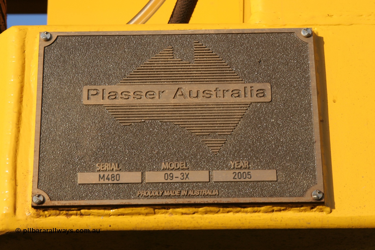 050409 0390
Shell Swagman Roadhouse, Builders plate of BHP's new mainline tamper a Plasser Australia 09-3X model with serial M480. 9th April 2005.
Keywords: Tamper3;Plasser-Australia;09-3X;M480;track-machine;