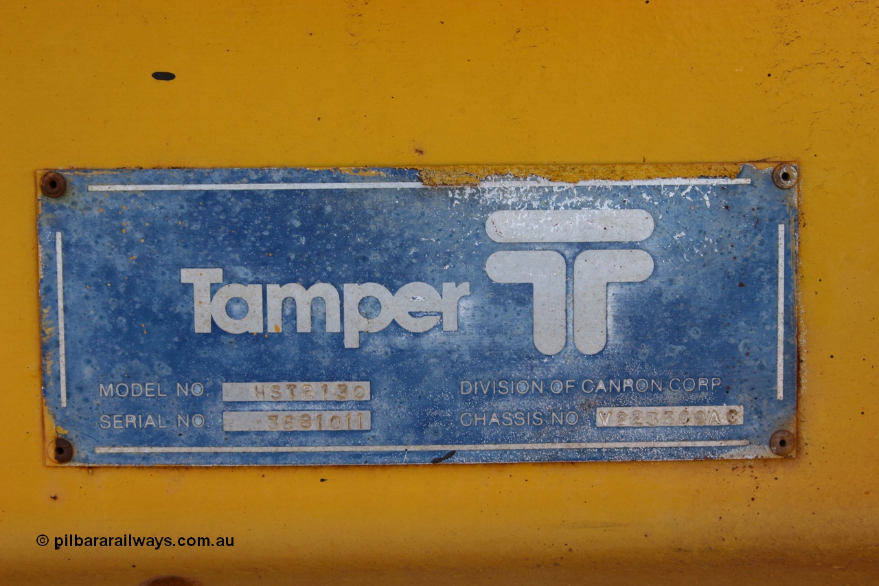 050801 4761
Builders plate for Tamper HSTR 130 model Barclay Mowlem tamping machine TM 8644 serial 3581011. 1st August 2005.
Keywords: TM8644;Tamper;HSTR-130;3581011;track-machine;