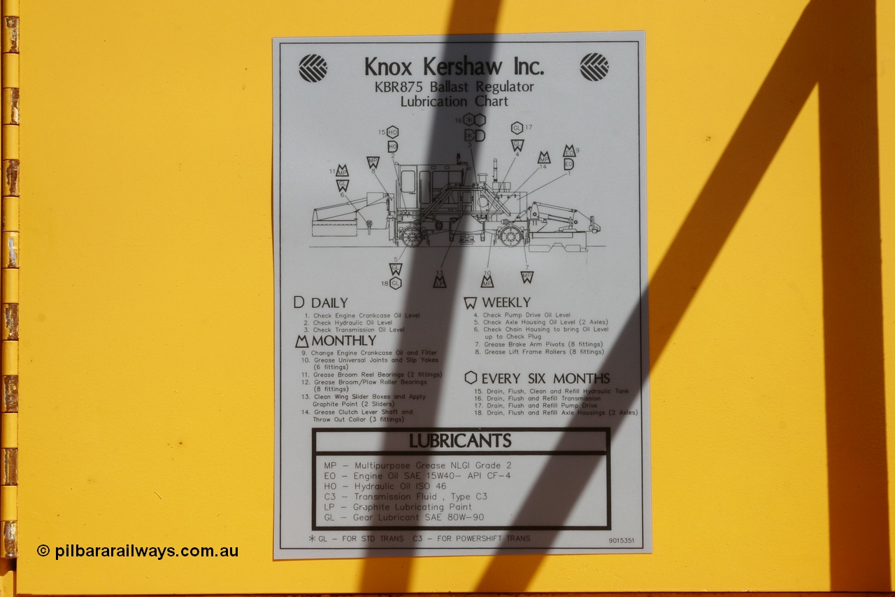 051001 5680
Flash Butt yard, lube chart of a newly delivered Knox Kershaw KBR 875 ballast regulator serial 015-875-05. 1st October 2005.
Keywords: Knox-Kershaw;KBR-875;track-machine;
