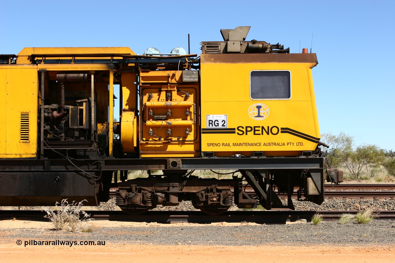 060501 3904
Abydos Siding backtrack, Speno rail grinder RG 2, possibly an RR24 model grinder with 24 grinding wheels view of generator module driving cab. 1st May 2006.
Keywords: RG2;Speno;RR24;track-machine;