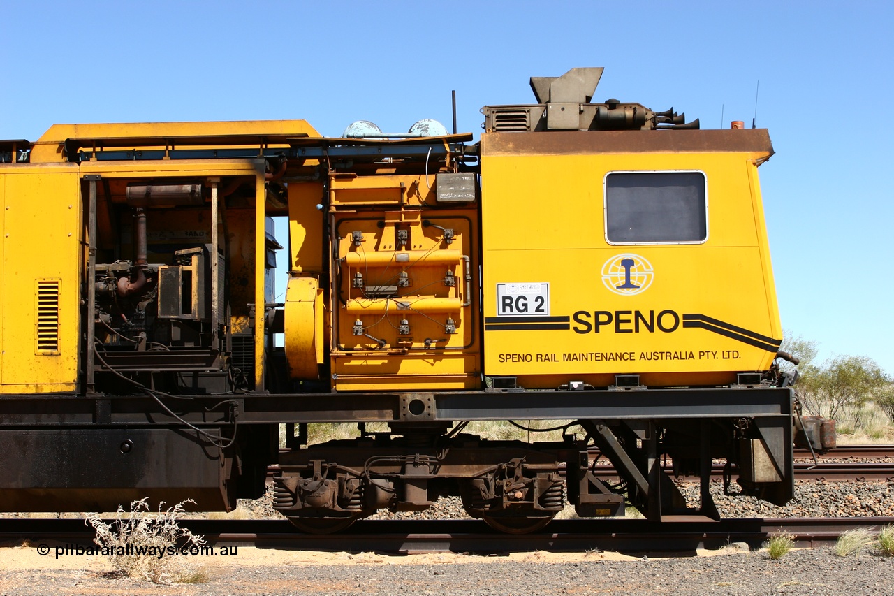 060501 3929
Abydos Siding backtrack, Speno rail grinder RG 2, possibly an RR24 model grinder with 24 grinding wheels view of generator module driving cab. 1st May 2006.
Keywords: RG2;Speno;RR24;track-machine;