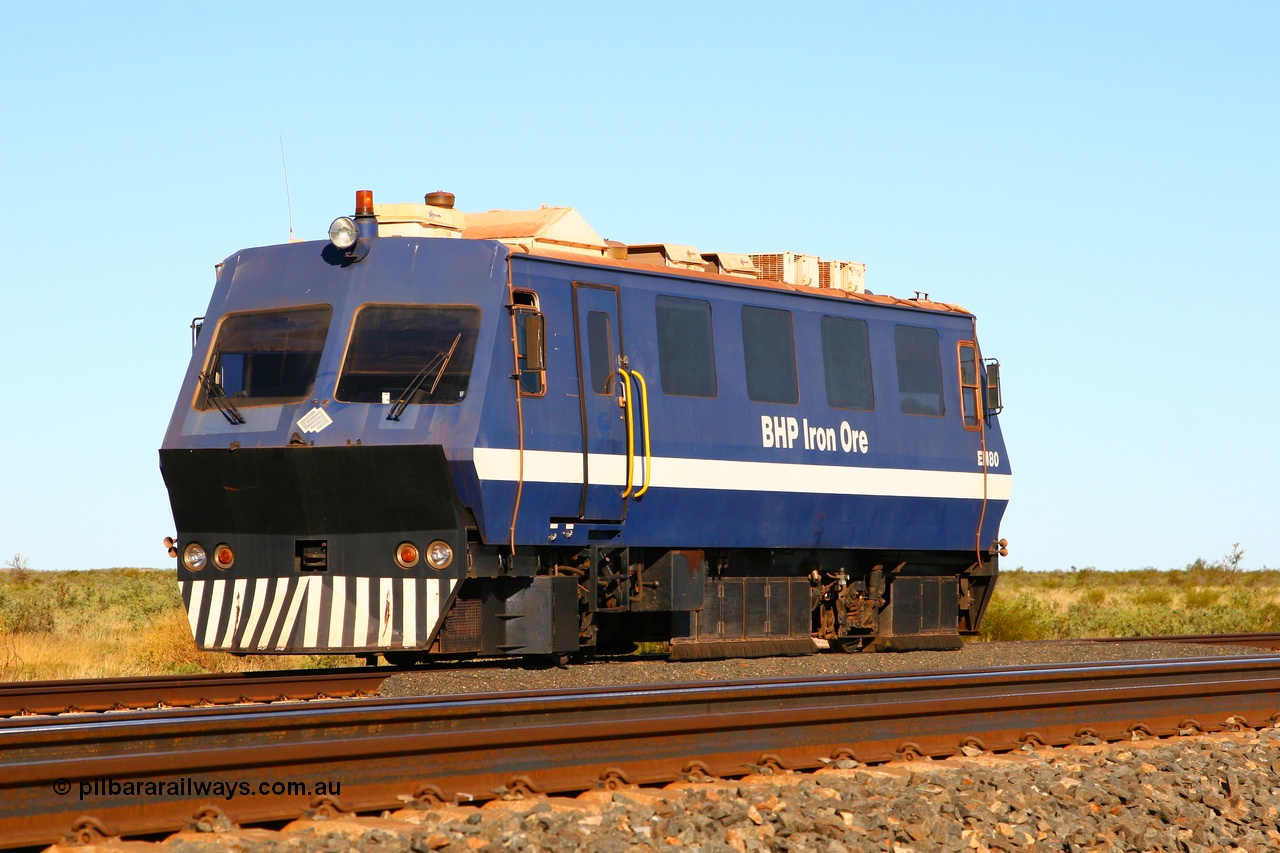 070622 0222
Mooka in the back track siding, BHP Iron Ore's track recording vehicle, EM80 which is a Plasser & Theurer EM-80 model and still wearing the old BHP blue and white livery, this unit was delivered in Mt Newman Mining orange and white.
Keywords: EM80;Plasser-&-Theurer;track-machine;