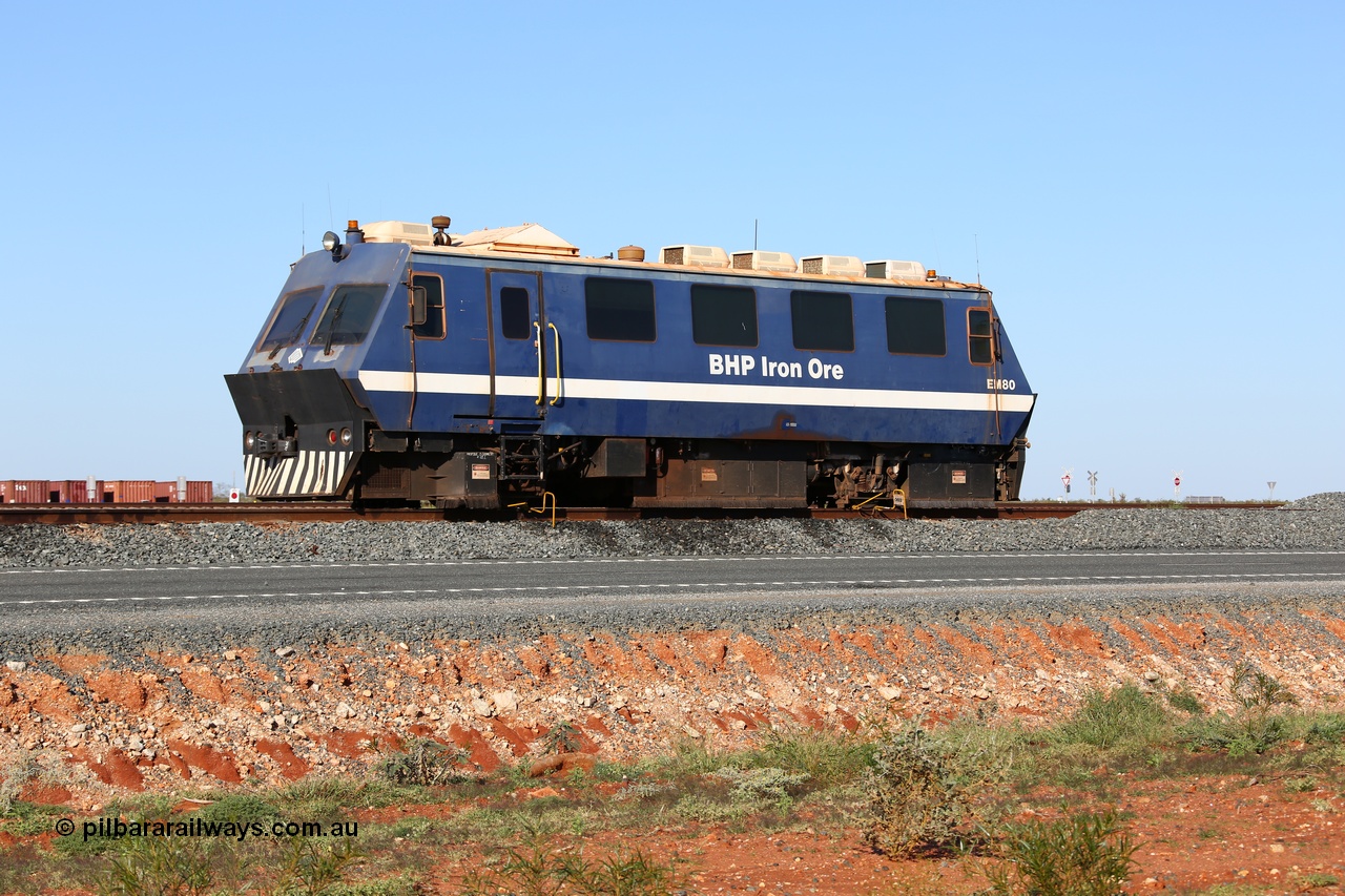 150619 9144
Mooka, BHP Iron Ore's track recording vehicle, EM80 which is a Plasser & Theurer EM-80 model and still wearing the old BHP blue and white livery, this unit was delivered in Mt Newman Mining orange and white, Mermec fitted a Tecnogamma system as part of a refurbishment.
Keywords: EM80;Plasser-&-Theurer;track-machine;