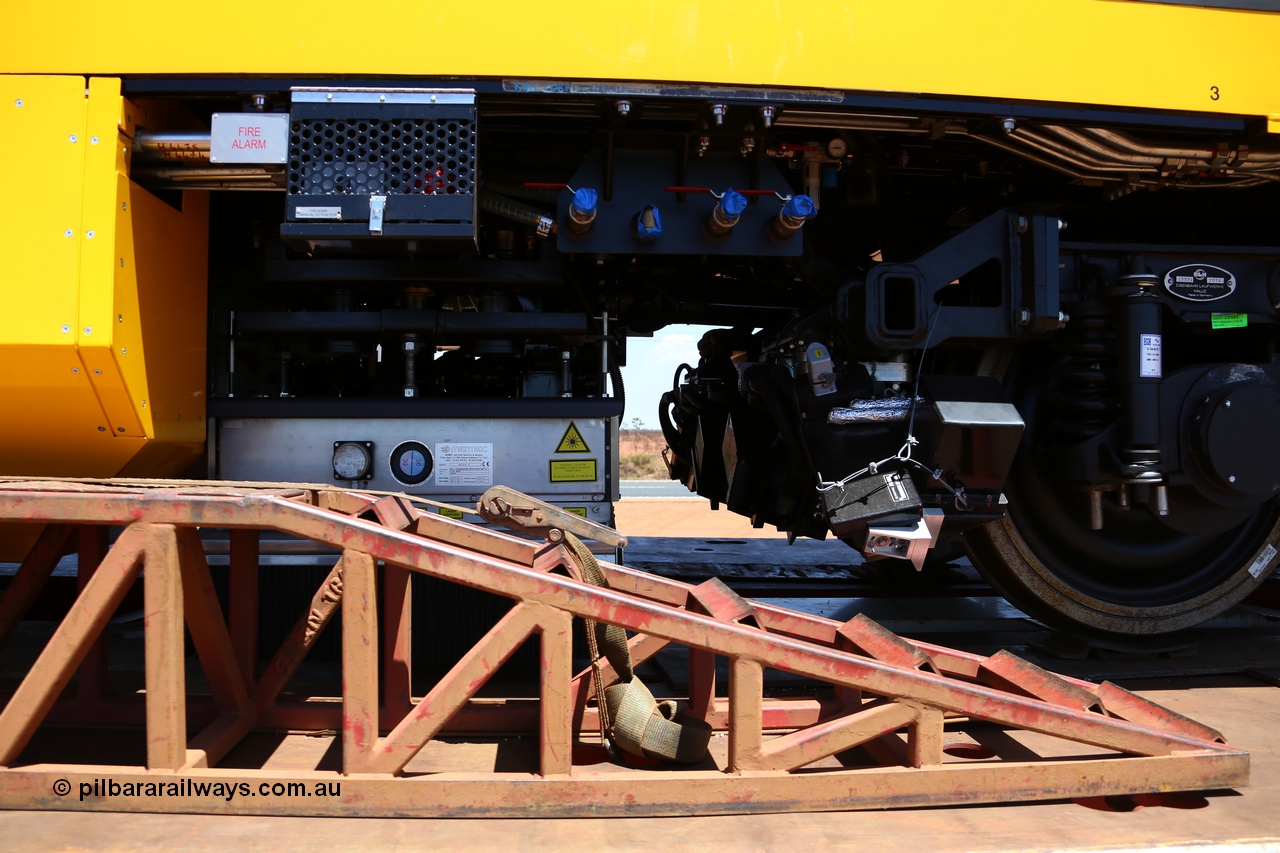 151206 9659
Boodarie, on a Gavin Transport Drake float, BHP's new track recording vehicle which is a Mermec ROGER 800 imported from Italy. Underbody detail of the testing units.
Keywords: MM800;Mermec-Italy;ROGER-800;track-machine;