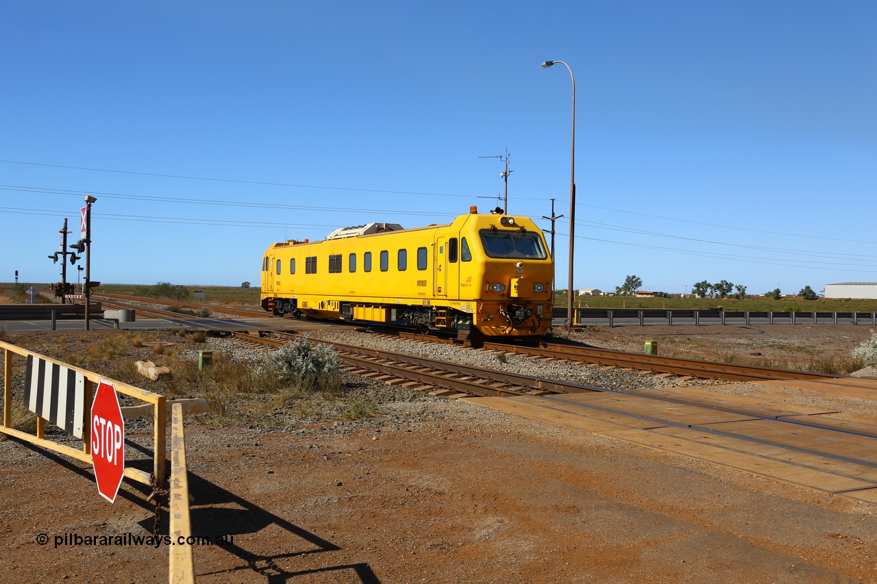 190911 4753
Port Hedland, Broome Rd crossing, BHP's MM 800 track recording vehicle powers south on a recording run, the MM 800 was built by Mermec in Italy and is a ROGER 800 model, ROGER is an acronym for Rilievo Ottico Geometria Rotaia, Italian for optical rail geometry control.
Keywords: MM800;Mermec-Italy;ROGER-800;track-machine;