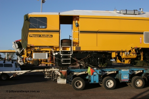 050409 0389
Shell Swagman Roadhouse, Lampson eighty wheel float ready to deliver BHP's new mainline tamper a Plasser Australia 09-3X model with serial M480 side view of cab front. 9th April 2005.
Keywords: Tamper3;Plasser-Australia;09-3X;M480;track-machine;