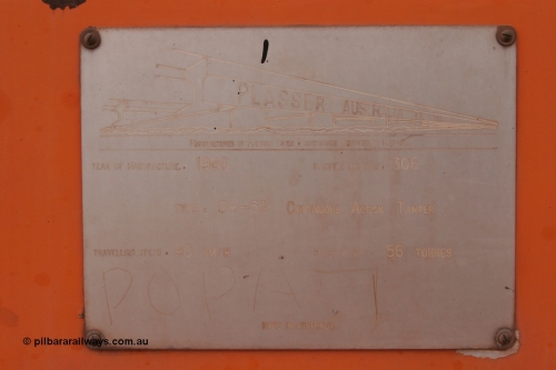 050412 0809
Abydos Siding backtrack, builders plate of BHP's Mainline Tamper 1, a Plasser Australia 09-32 CAT model tamper serial 306 built in 1986. 12th April 2005.
Keywords: Tamper1;Plasser-Australia;09-32-CAT;306;track-machine;